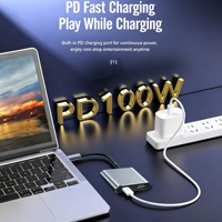 Convertisseur périphérique USB-C pour ordinateur portable, alimentation 100W, port USB 3.0 haute vitesse, 4K, pour poste de travail domestique et professionnel