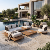 Sofá Individual Redondo de Ratán y Teca con Tela Impermeable, Muebles de Exterior de Alta Gama para Villa, Patio y Piscina