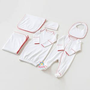 Hot Sale Red Picot Trim 100% Combed Cotton White Blank Newborn Baby <strong>Coming</strong> <strong>Home</strong> <strong>Outfits</strong> - Product Image 1