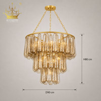 Lustre moderne de luxe en verre texturé ambré à plusieurs niveaux avec cadre rond doré, luminaire suspendu artistique pour hôtel, villa, hall d'entrée