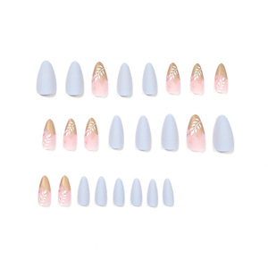 Faux ongles à presser personnalisés, dorés à la feuille d'or, motif feuille blanche, finition bleu mat, de designer premium, vente en gros - Product Image 3