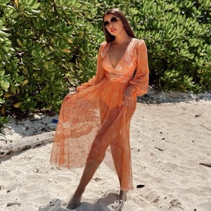 <b>Women</b> Seashell Print 2 Piece <b>Swimsuit</b> Set Deep V Mesh Puff Long Sleeve One Piece Monokini <b>With</b> Mesh Maxi Cover Up <b>Skirt</b> OEM ODM - Product Image 4