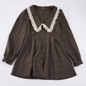 Robe chemise courte à carreaux pour femme, style décontracté, col en dentelle, manches longues, taille naturelle, silhouette trapèze, ourlet évasé tissé - Product Image 5