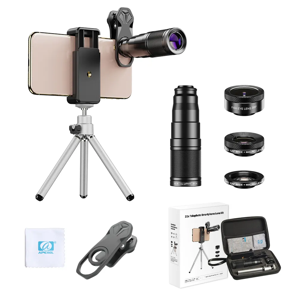 APEXEL 4 in 1 Phone Lens Kit Universal External Wide Angle Fisheye Macro 22X Telephoto Camera Lenses for Mobile