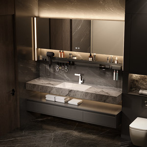 Hotel style intelligent LED <b>light</b> storage <b>mirror</b> cabinet, rock board integrated basin wall mounted bathroom cabinet - Product Image 2