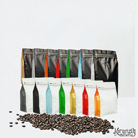 Sachet d'emballage de café en PE à fond plat, noir, à 8 côtés, avec fermeture éclair scellée, valve unidirectionnelle, résistant à l'humidité, impression personnalisée pour café torréfié