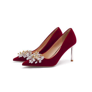 Red Velvet Women's Fashion Wedding <b>Dress</b> with Genuine Leather High Heels Comfortable Fit for Brides All Seasons Made in China - Product Image 5