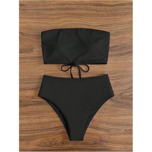 FOXA Women's 2 Piece Bikini Ribbed Bandeau Top High Waisted Panties Summer Swimwear Stretch Spandex Nylon - Product Image 4
