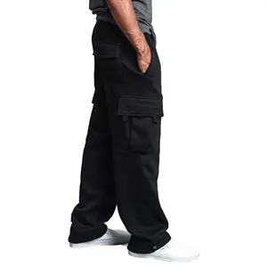 Erkek kargo pantolon spor Jogger cepler ile ağır polar gevşek Fit yüksek kaliteli Sweatpants