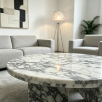 Moderner Runder Calacatta Viola Marmor-Couchtisch Niedriger T-förmiger Sockel Wohnzimmer Luxus Natürlicher Maßgefertigter Beistelltisch