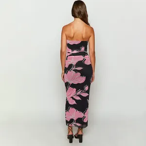 Fashion Elegant Sexy Holiday Black Pink Printed Chiffon Tulle Fabric Strapless Sleeveless Slim Women's Long Dresses