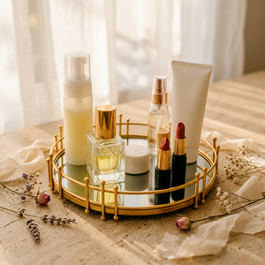 Plateau décoratif rond avec cadre en métal doré et surface réfléchissante - Product Image 1