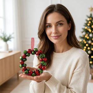 Karangan Bunga Lonceng Besi Merah Putih untuk Lemari Dapur, Ornamen Natal Kecil, Pita Kotak-kotak, Diameter 12cm, Gaya Farmhouse - Product Image 4