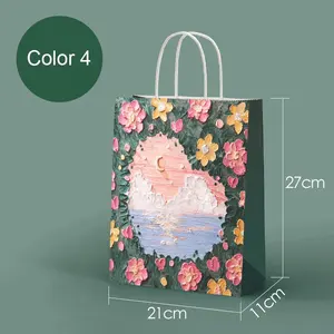 Custom New Design Painting Shopping Paper Bags With Logo Luxury Clothes Shoes Flower Gift Packaging Kraft Paper Bags With Handle