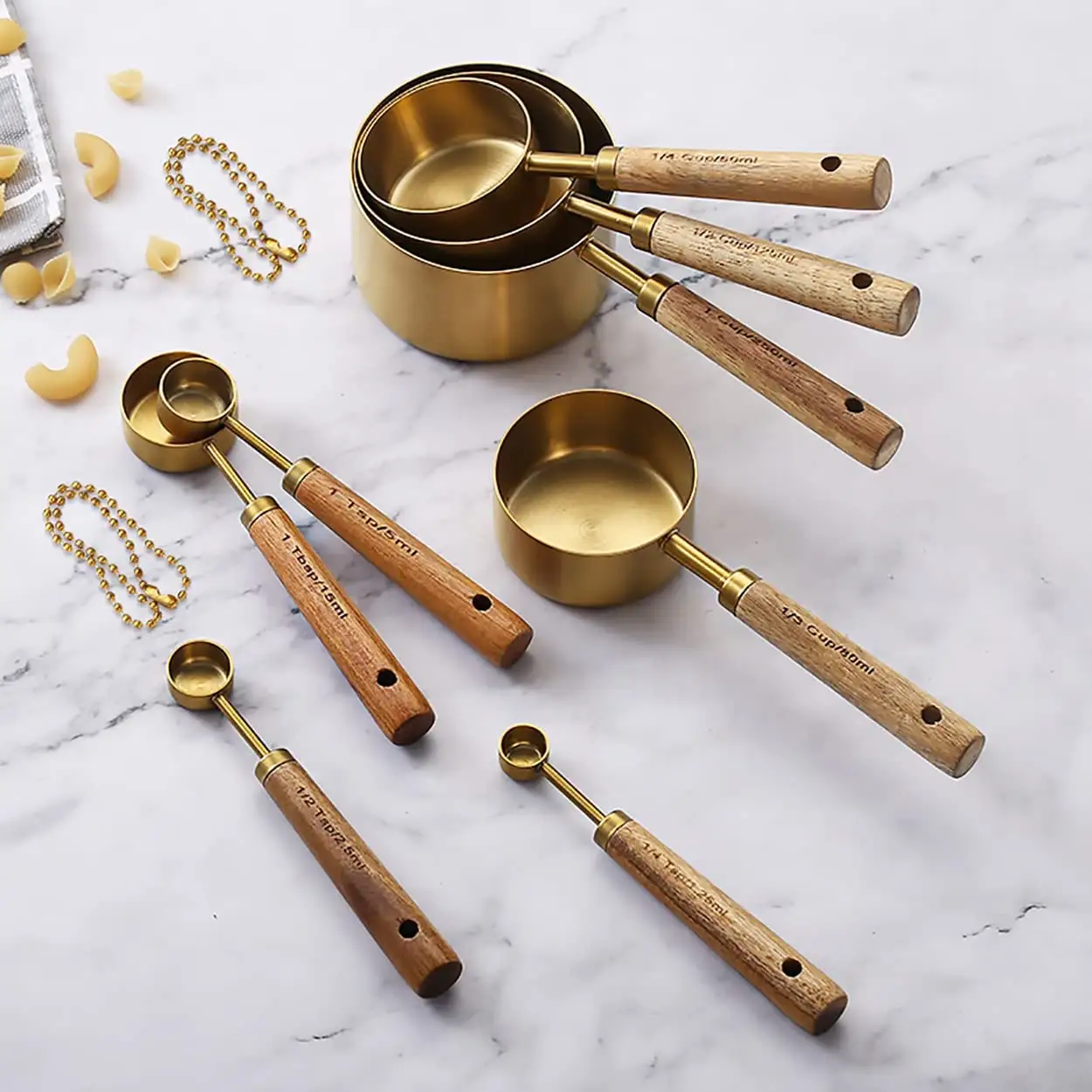8pcs Premium kitchen accessories baking tools wood handle copper stainless steel measuring cup and spoon set