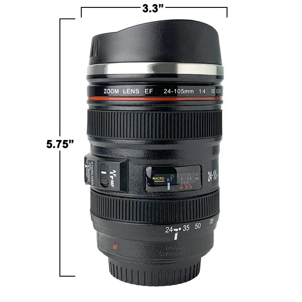 Aangepaste Roestvrijstalen Slr Camera Ef24-105mm Koffiemok Beker, Zwarte Thermische Zelfroerende Camera Lenzen Mokken