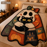 Couverture en peluche fantôme d'Halloween, motif chat noir et citrouille patchwork, pour chambre et canapé, cadeau de fête