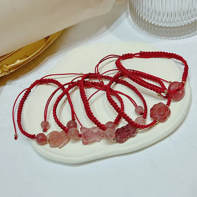 Chinese Good Luck Handmade Woven Red String Natural Stone Crystal Strawberry Quartz Bear Donut Pixiu Charm Bracelet for Women