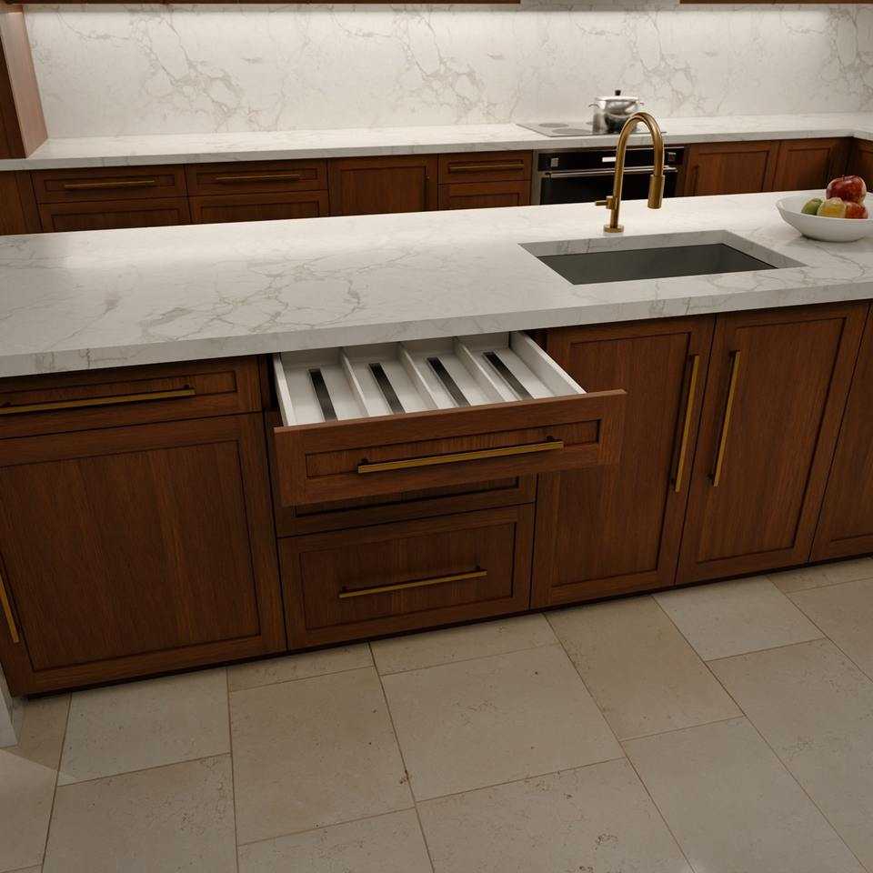 Long Countertop Design Custom Walnut Kitchen Cabinets With Veneer Shaker Doors L-Shaped Layout ...