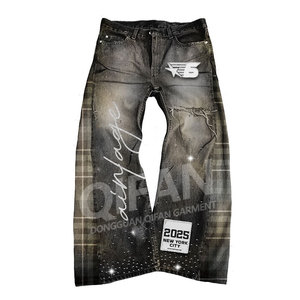 Custom Heavyweight Sun Faded Jacket and Pants Distressed Denim Suit Streetwear Vintage <strong>Embroidery</strong> Rhinestone Men's Jeans <strong>Set</strong> - Product Image 3