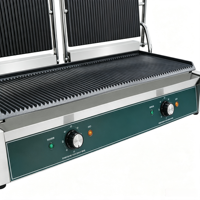 Grill de contact commercial 1800W avec plaques rainurées antiadhésives et température réglable pour café, charcuterie, food truck, préparation de sandwichs petit-déjeuner