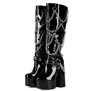 Botas Altas de Mujer con Plataforma Gruesa y Tacón Ancho, de Charol, con Cadenas Metálicas, Punta Redonda, Tallas Grandes hasta la 47 - Product Image 2