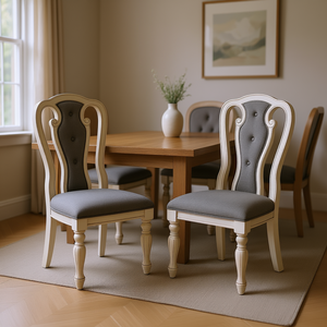 Chaises de salle à manger blanches antiques, revêtement gris capitonné, pieds en bois, pour salle à manger - Product Image 2