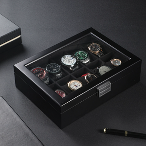 透明なガラス天窓、マルチグリッドフランネルライニング付きハイエンドブラック無垢材時計収納ボックス - Product Image 5