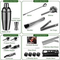 BEST-SELLER - Ensemble de shaker à cocktails noir de 23 pièces, 750 ml, shaker de bar en acier inoxydable, kit d'accessoires pour barman avec support en bambou