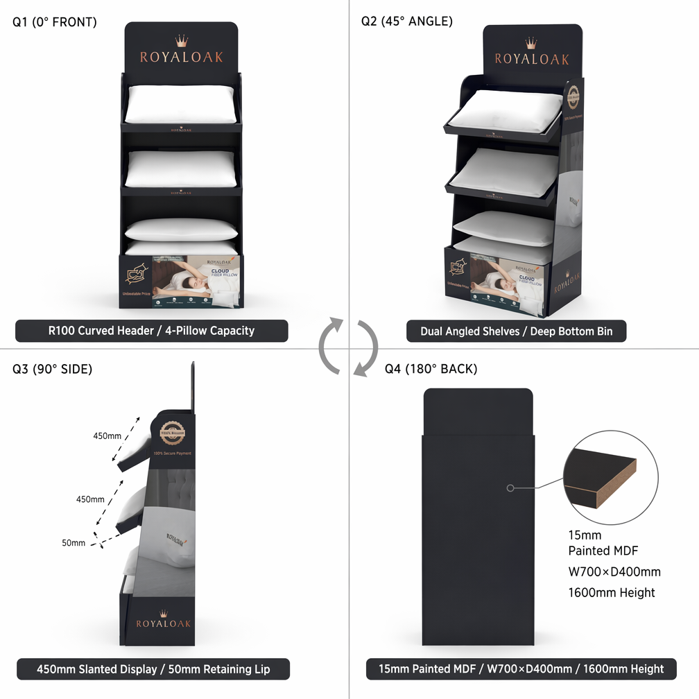Floor Pillow & Bedding Display Racks Angled Shelves Wood Custom Header Easy Assembly for for Home Textile Retail for Pillow — view 5