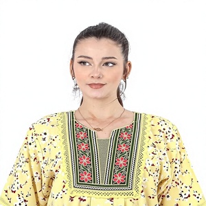 Vestido Kaftán de Algodón para Mujer, Estampado Floral, Estilo Étnico, Corte Holgado, con Cuello Bordado, Venta al Por Mayor - Product Image 1