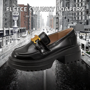 Nouvelle collection Automne-Hiver 2025 : Mocassins de marche à enfiler en PU, doublure polaire, semelle épaisse, talon épais, style britannique, Camélia Noir - Product Image 2