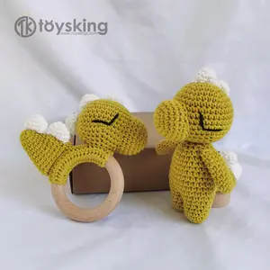 TK Amigurumi Cotton Crochet Dinosaur Toys for Boy Gifts 100% Handmade Knitted Baby Teether Rattle Beech Wood Dino