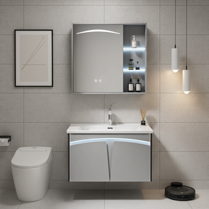 Set Moderno di Mobile <span class=keywords><strong>Bagno</strong></span> Grigio con Specchio Intelligente, Armadietto in Legno Massello Montato <span class=keywords><strong>a</strong></span> Parete con <span class=keywords><strong>Lavabo</strong></span> in Ceramica per Casa e Hotel - Product Image 1