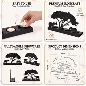 Portacandele Elefante in Ferro Nero, Supporto per Candele Tealight con Silhouette Safari Africano, Centrotavola in Metallo a Forma di Animale per Decorazione Tavolo e Caminetto - Product Image 3