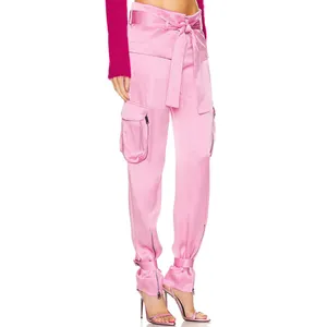 Pantalon de survêtement en coton rose à taille élastique pour femme, vêtement de rue avec Logo personnalisé et poches multiples