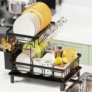 Égouttoir à vaisselle noir en acier à 2 niveaux multifonctionnel pour évier, avec rangement pour couverts, pour cuisine domestique - Product Image 4