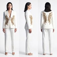 Ensemble tailleur pantalon deux pièces blanc pour femme, élégant et formel pour le bureau, broderie feuille d'or, revers pointu, luxe, affaires, sur mesure Jinyuan