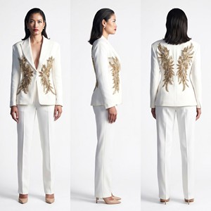 Completo da Donna <span class=keywords><strong>Bianco</strong></span> Due Pezzi con Pantaloni, Elegante per Ufficio, Ricamo Foglia d'Oro, Risvolto a Punta, Lusso Business Personalizzato Jinyuan - Product Image 4