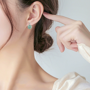 Natural genuine A-grade jade green bean-shaped <b>stud</b> earrings with a peace charm, icy-grade jade, S925 <b>silver</b>, women's style - Product Image 5