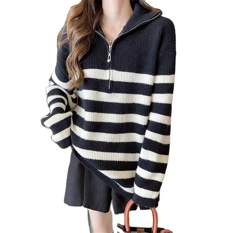 striped women sweaters half full zip up without hoodie plus size women's sweaters 2022