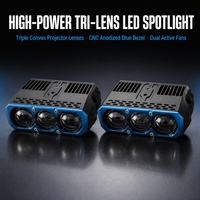 Projecteur LED à trois lentilles avec cadre bleu anodisé CNC, deux ventilateurs de refroidissement actifs, lumière de conduite tout-terrain haute puissance pour camion 4x4