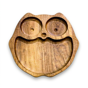 Assiette d'apprentissage pour enfants en forme de hibou, plateau d'alimentation pour tout-petits, plat à dîner multi-compartiments pour usage domestique, en bois de teck naturel durable - Product Image 1