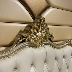 Muebles de Dormitorio de Lujo Europeos en Cuero Genuino, Cama King Size, Cama Francesa Antigua Tallada en Madera Maciza con Diseño de Hojas, para el Hogar - Product Image 3