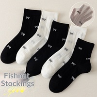 Chaussettes mi-mollet pour femme en maille fine tricotée avec nœud, noires et blanches, respirantes, en coton peigné, style japonais JK, polyvalentes