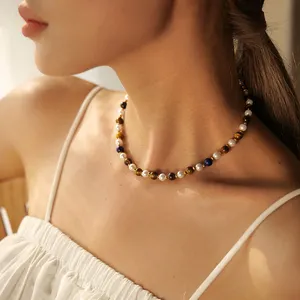 Gargantilla de ágata de ojo de tigre natural, collar de perlas delicadas de acero inoxidable chapado en oro real PVD de 18 quilates