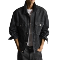 Veste en jean noire pour homme, personnalisable avec logo, OEM, style vintage délavé, avec double poche poitrine et écusson arrière, vente en gros