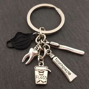 Toothbrush toothpaste floss teeth tooth pendant metal key rings key chains dentist nurse doctor dental health bag Charm keychain