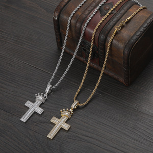 Copper inlaid zircon crown <b>cross</b> pendant, hip hop <b>cross</b>-border trend, small hat <b>cross</b> pendant <b>chain</b>. - Product Image 1