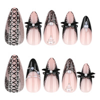 Faux ongles en amande à presser, couleur nude avec nœud en dentelle noire et perle, style gothique Y2K, pour femmes